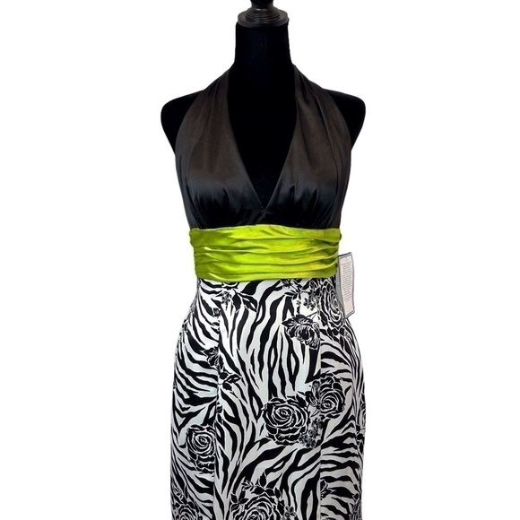 DJ-Jaz Halter Formal Black/White/Lime Rose Mermaid Dress Size-4 NWT - Picture 3 of 10